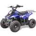 MotoTec Rex ATV Gas powered ATV 110 cc in blue with rugged tires for off road with black seat, front head light and rear bag rack in a front right side view, ATV is parked in a white back drop