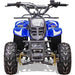 MotoTec Rex ATV Gas powered ATV 110 cc in blue with rugged tires for off road with black seat, front head light and handle bars front view, ATV is parked in a white back drop