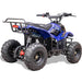 MotoTec Rex ATV Gas powered ATV 110 cc in blue with rugged tires for off road with black seat, front head light and rear bag rack in a rear right side view, back red break light  ATV is parked in a white back drop