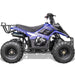 MotoTec Rex ATV Gas powered ATV 110 cc in blue with rugged tires for off road with black seat, front head light and rear bag rack  right side view, ATV is parked in a white back drop