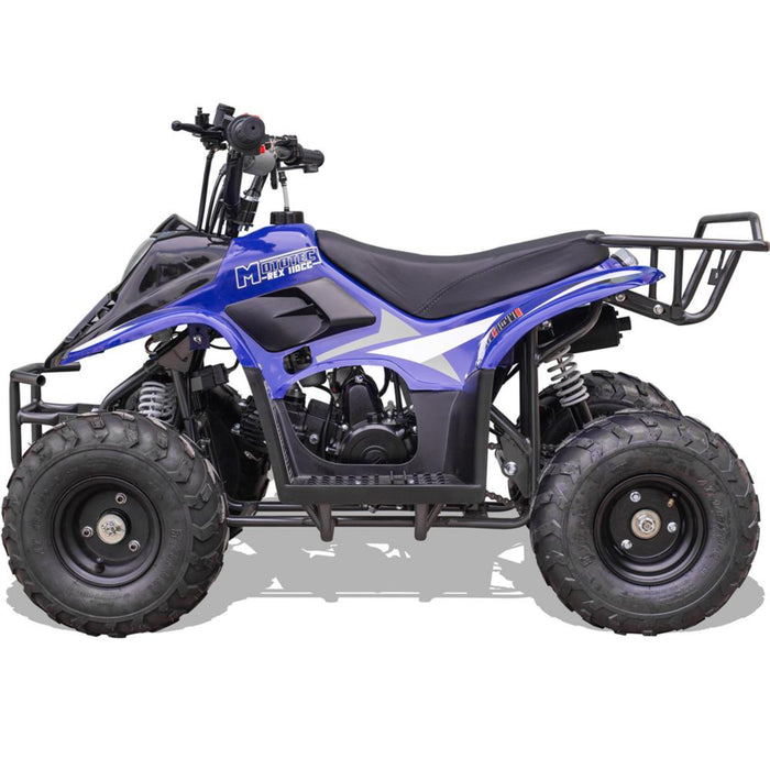 MotoTec Rex ATV Gas powered ATV 110 cc in blue with rugged tires for off road with black seat, front head light and rear bag rack in a left side view, ATV is parked in a white back drop