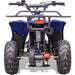 MotoTec Rex ATV Gas powered ATV 110 cc in blue with rugged tires for off road with black seat,  rear bag rack in a rear view, ATV is parked in a white back drop