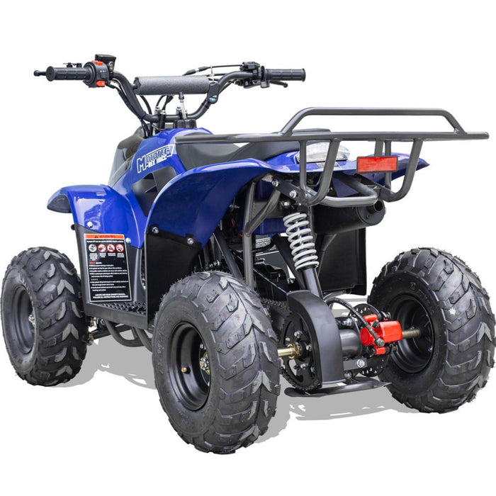 MotoTec Rex ATV Gas powered ATV 110 cc in blue with rugged tires for off road with black seat, front head light and rear bag rack in a rear left side view, back rear red break light,ATV is parked in a white back drop