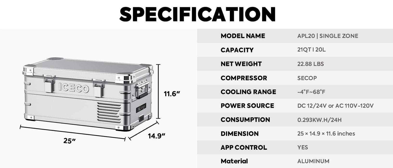 ICECO APL20 Light Duty Aluminum Freezer Single Zone 21QT/20 LT