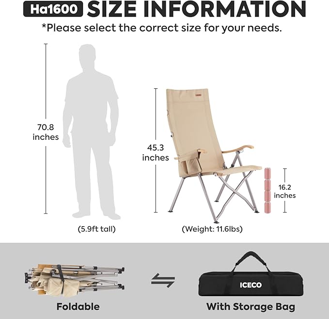 ICECO Ha1600 Adjustable High Back Camping Chairs Heavy Duty For Outside