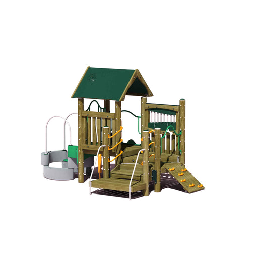 BigToys Rocky Top Outdoor Playset and slide with a rock climber ramp two wide slides covered landing, playshell on the side for extra climbing and stepping landing area has a green roof, steps in the front playset is made from cedar wood. Playset situated in a white background