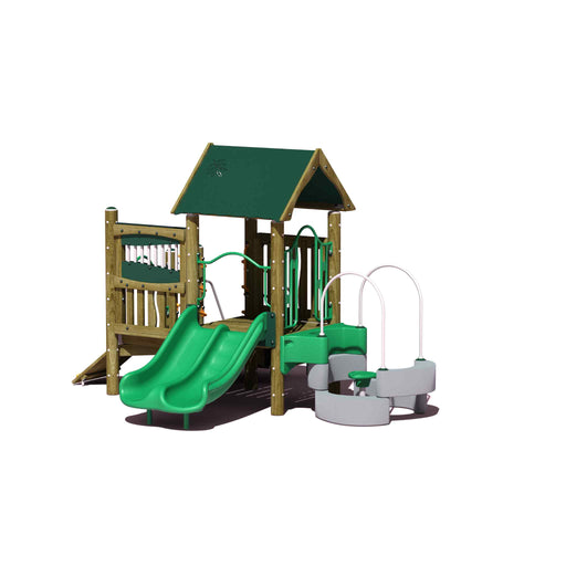 BigToys Rocky Top Outdoor Playset and slide with a rock climber ramp two wide slides covered landing, playshell on the side for extra climbing and stepping landing area has a green roof, playset is made from  cedar wood. Playset situated in a white background