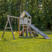 Jack and June Haven outdoor wooden playset with swings, slide, climbing ladder, steps, telescope and lookout ramp with cover. Playset set in the garden full view