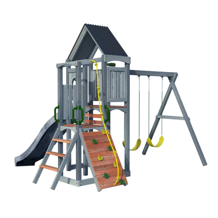 Jack and June Haven 2 Outdoor wooden playset with swing and slide, climbing ramp with rope and undercover landing, front diagram view