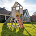 Jack and June Haven 2 Outdoor wooden playset with swing and slide, climbing ramp with rope and undercover landing. View of the steps and climbing ladder and covered landing