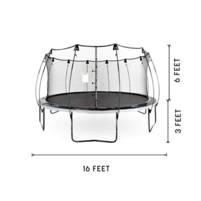 Skywalker 16ft round outdoor trampoline large with net enclosure color black , measurements of trampoline 16ft wide by 3 ft high to trampoline then net enclosure is 6ft above trampoline on white back round