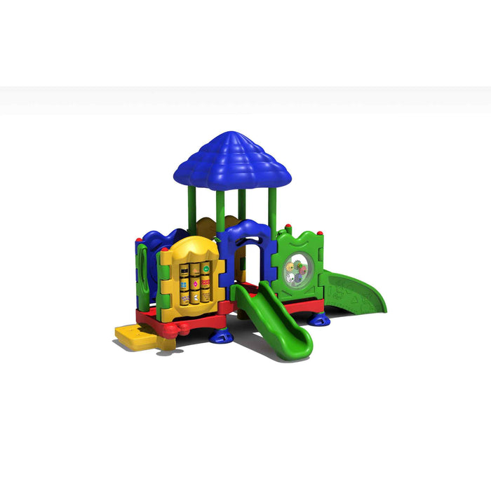 Ultraplay discovery center sapling toddler playset , colors green slide, yellow side with rolling balls, a blue roof and red floor, view of the playset on a white back round